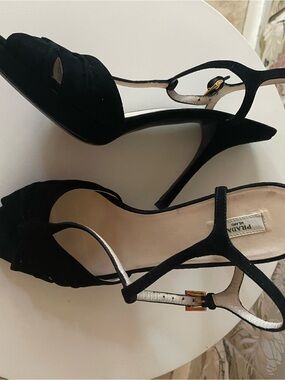 Prada Black Suede Peep-Toe Slingback Heels with Gold Buckle